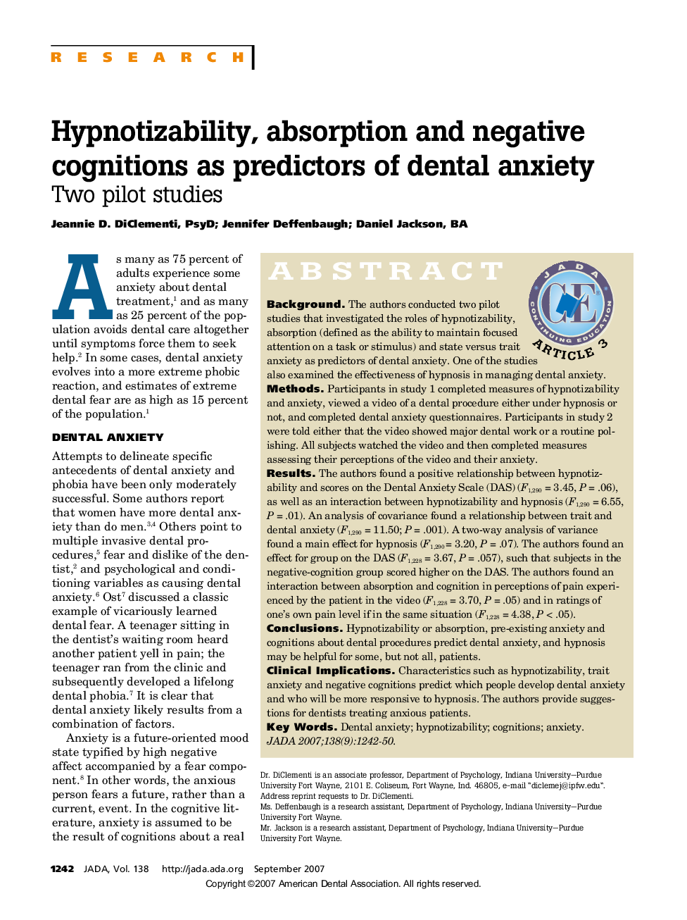 Hypnotizability, Absorption and Negative Cognitions as Predictors of Dental Anxiety