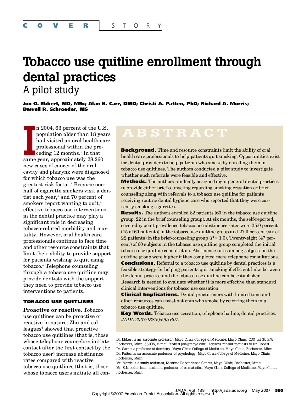 Tobacco use quitline enrollment through dental practices : A pilot study