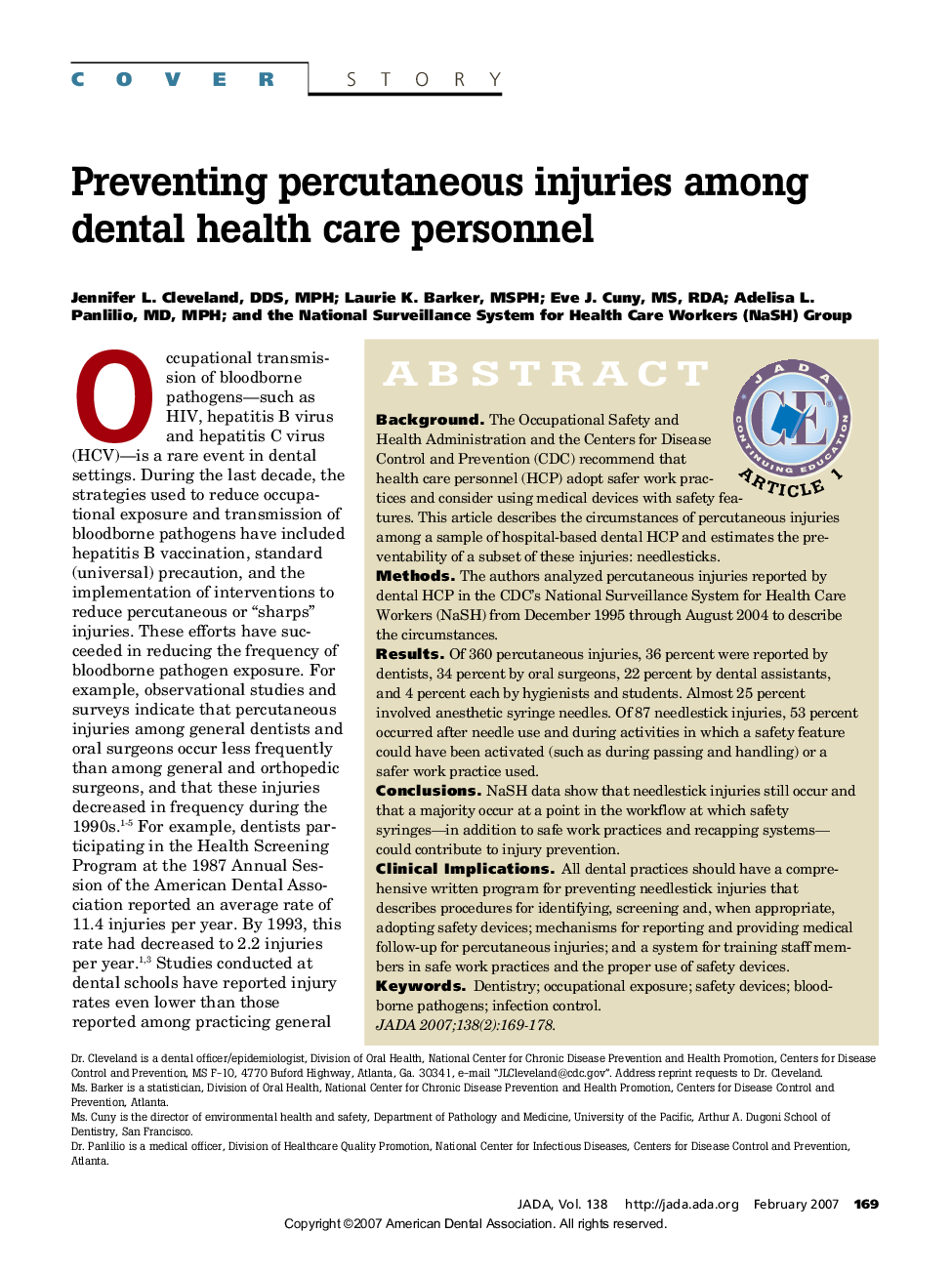 Preventing percutaneous injuries among dental health care personnel 