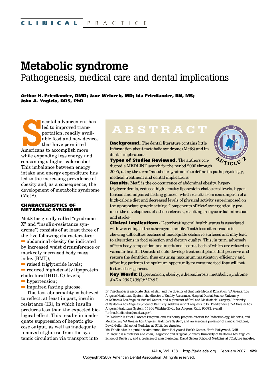 Metabolic syndrome: Pathogenesis, medical care and dental implications