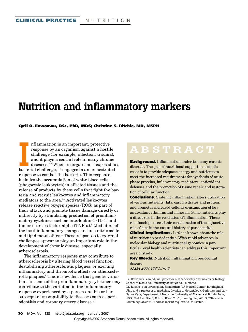 Nutrition and inflammatory markers