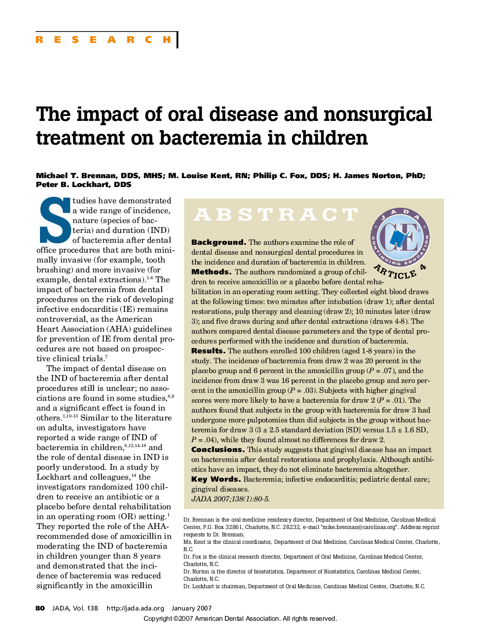The impact of oral disease and nonsurgical treatment on bacteremia in children 