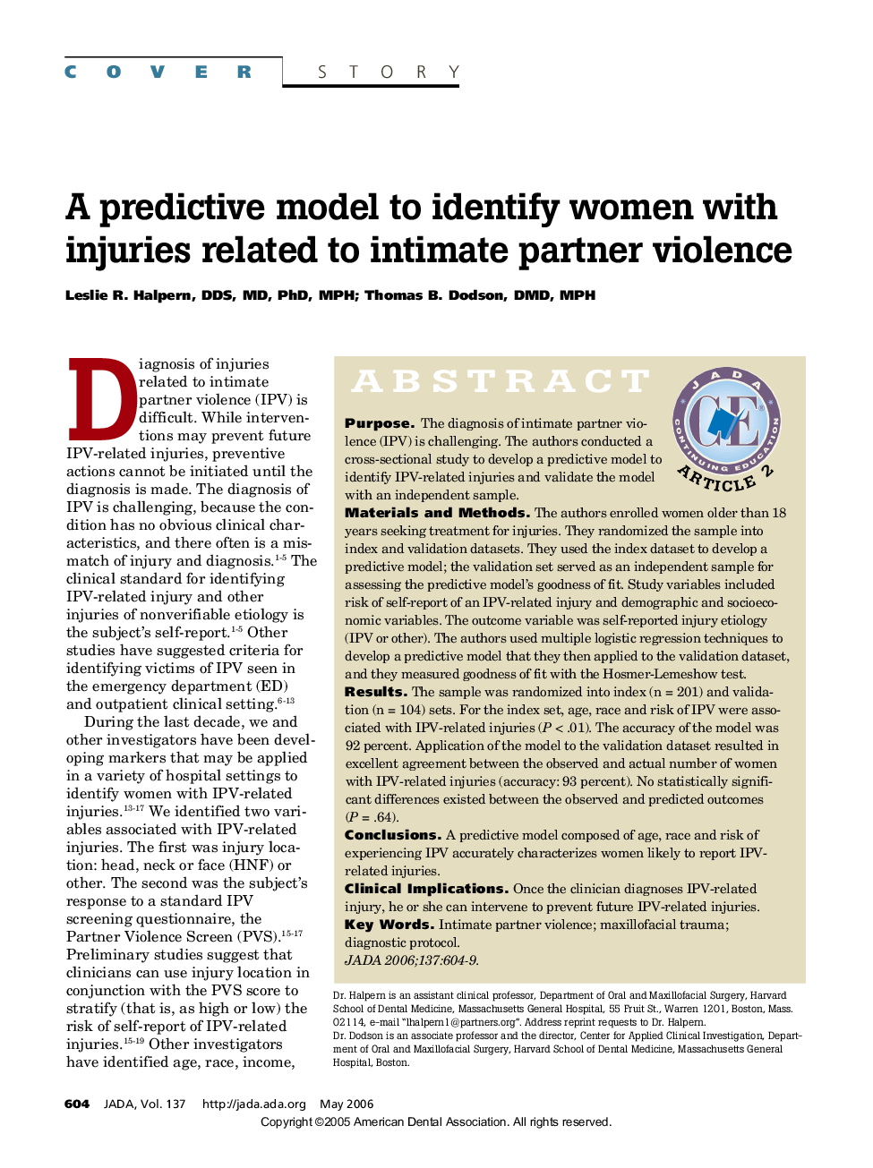 A predictive model to identify women with injuries related to intimate partner violence 