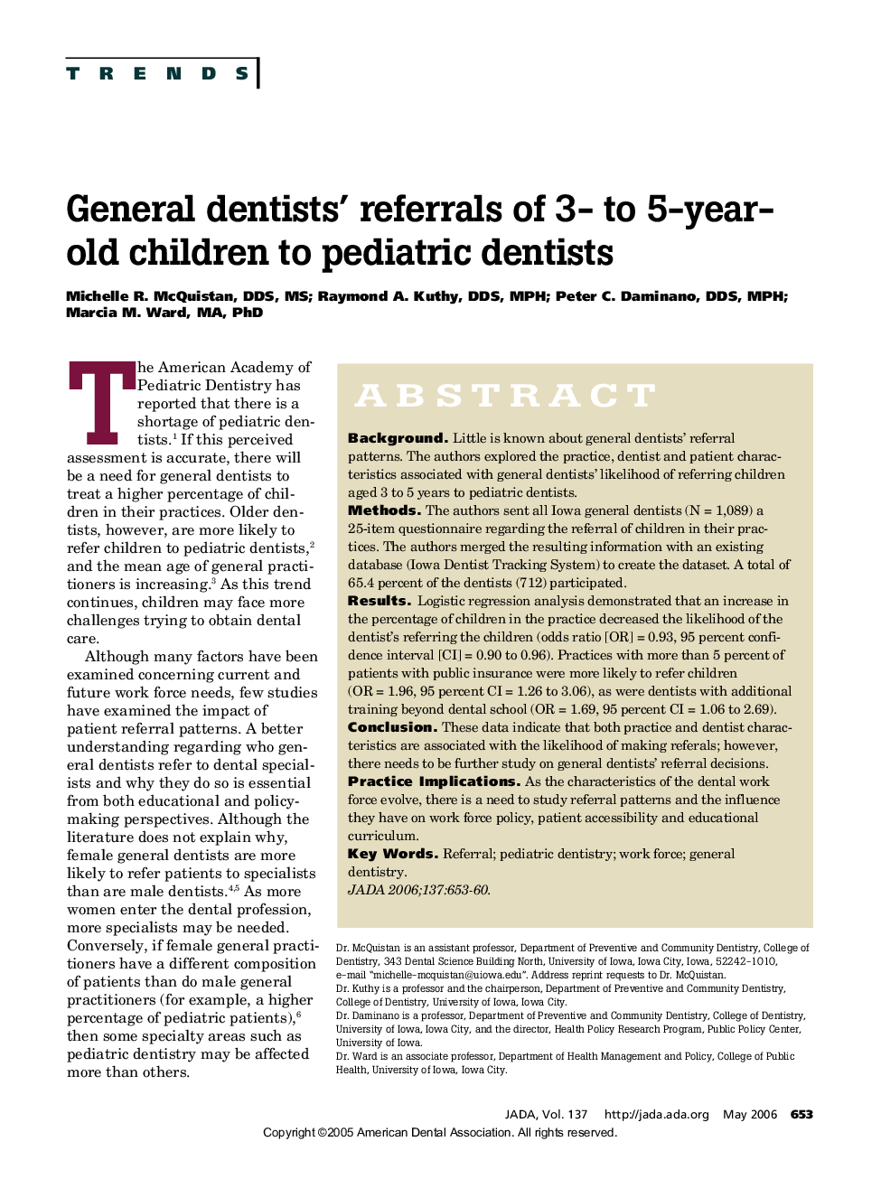 General dentists' referrals of 3- to 5-year-old children to pediatric dentists