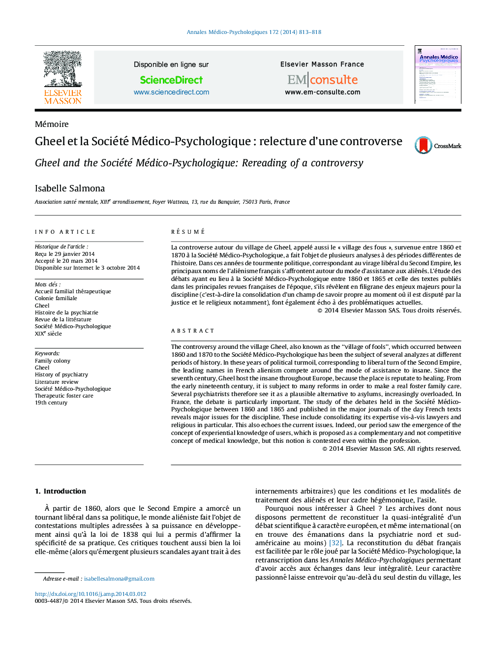 Gheel et la Société Médico-Psychologique : relecture d’une controverse