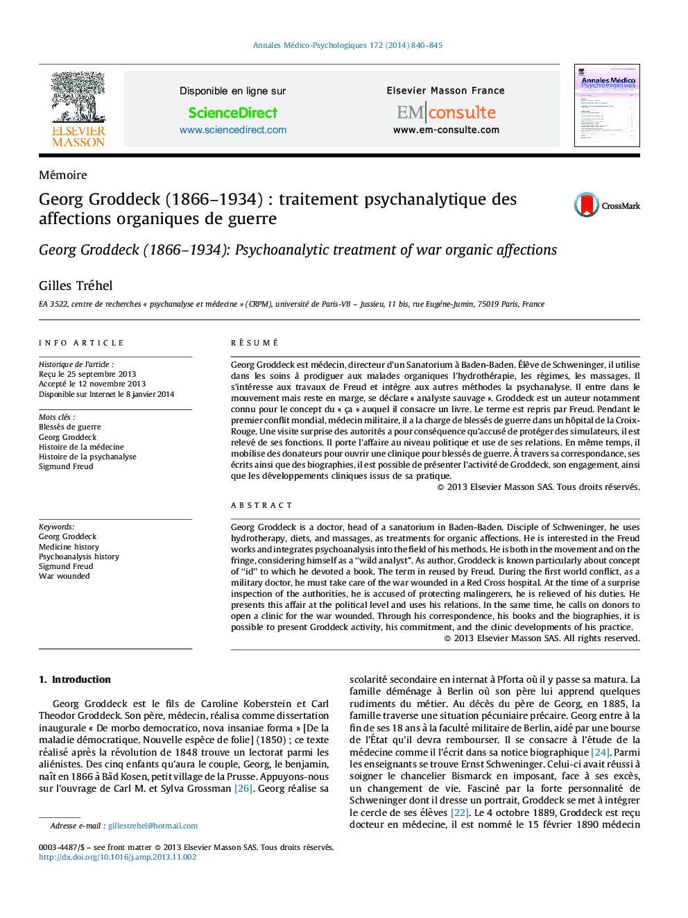 Georg Groddeck (1866–1934) : traitement psychanalytique des affections organiques de guerre