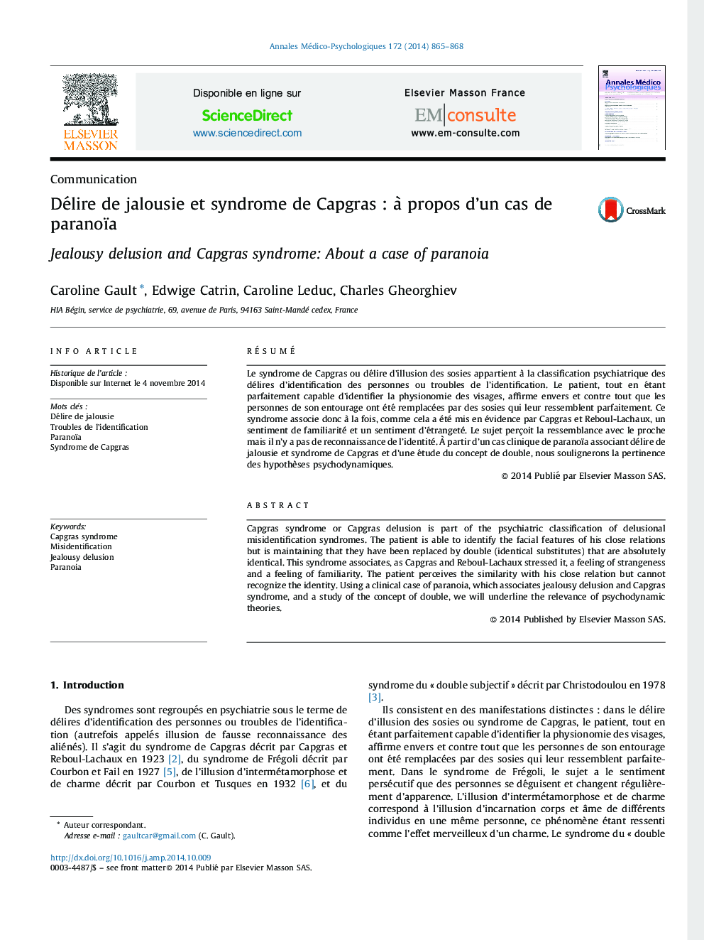 Délire de jalousie et syndrome de Capgras : à propos d’un cas de paranoïa