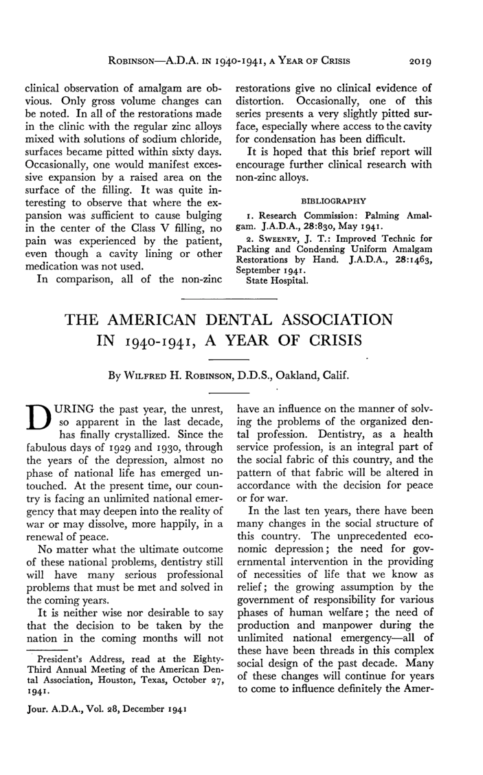 انجمن دندانپزشکی آمریکا در سالهای 1940-1941، یک سال بحران