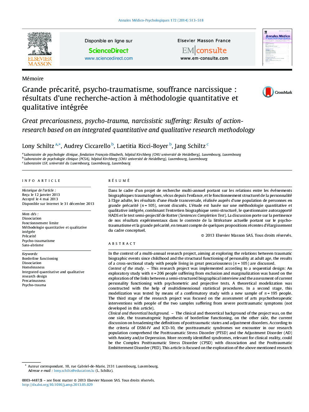 Grande précarité, psycho-traumatisme, souffrance narcissique : résultats d’une recherche-action à méthodologie quantitative et qualitative intégrée