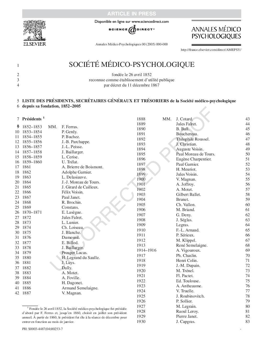 Liste des membres de la Société Médico-Psychologique