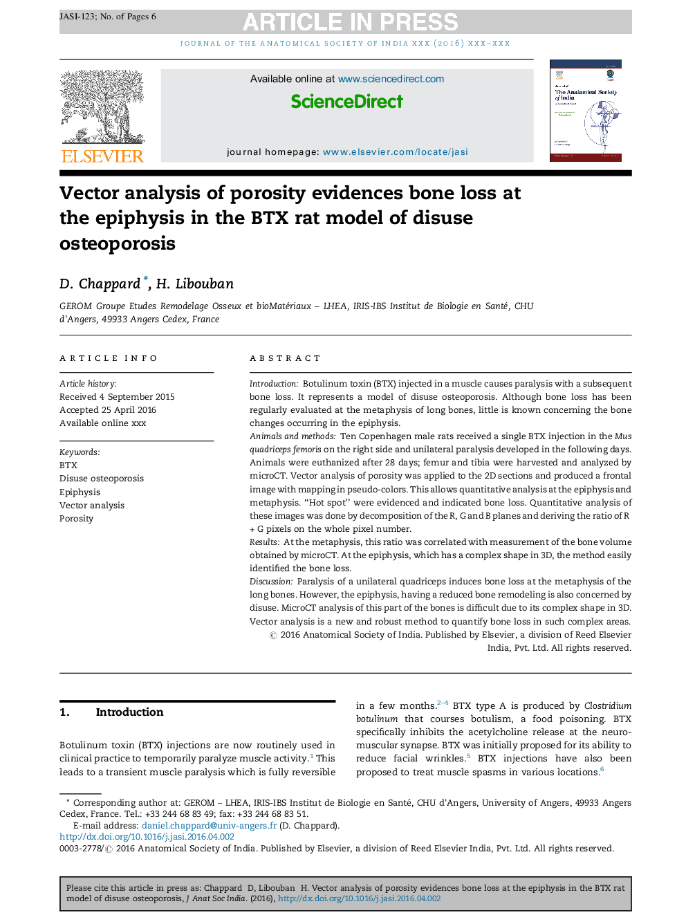 Vector analysis of porosity evidences bone loss at the epiphysis in the BTX rat model of disuse osteoporosis