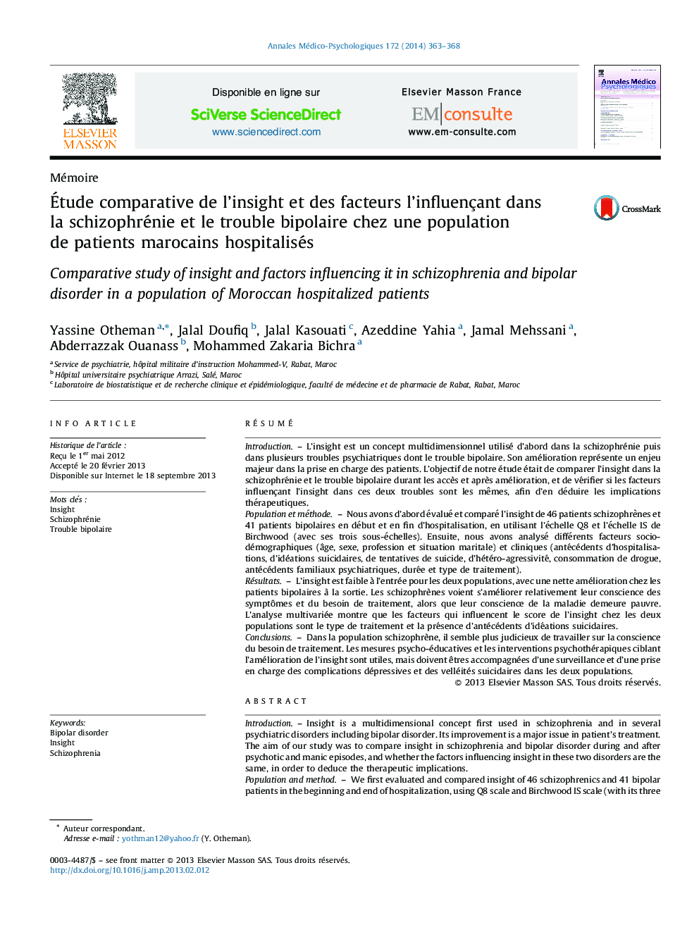 Étude comparative de l’insight et des facteurs l’influençant dans la schizophrénie et le trouble bipolaire chez une population de patients marocains hospitalisés