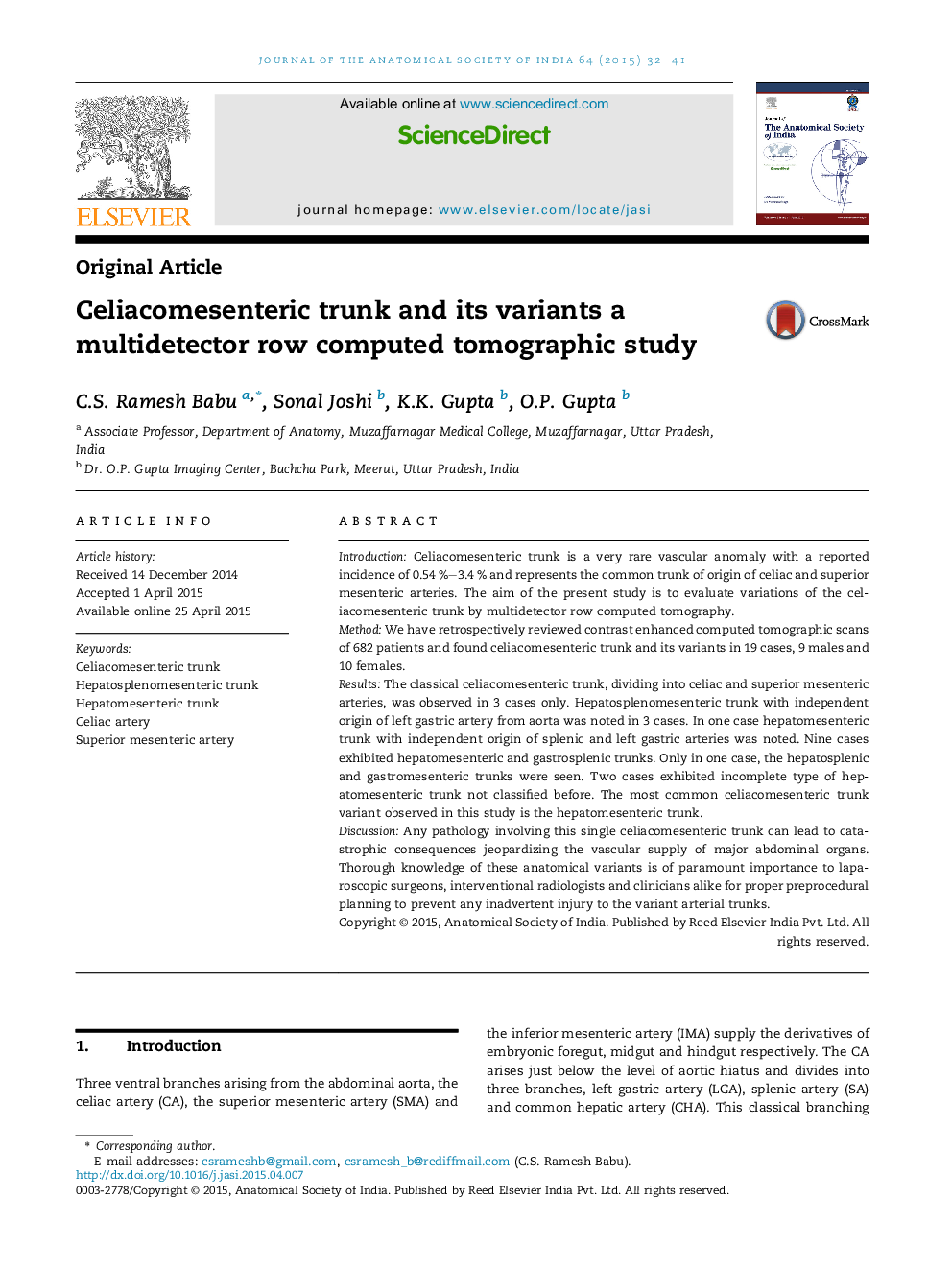 Celiacomesenteric trunk and its variants a multidetector row computed tomographic study