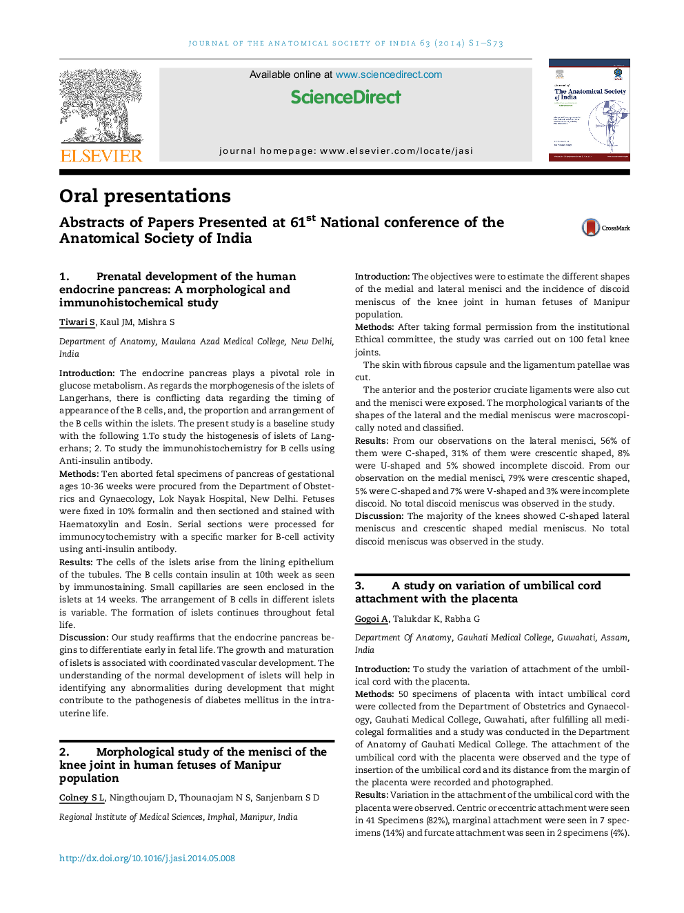 عکس صفحه اول مقاله: Abstracts of Papers Presented at 61st National conference of the Anatomical Society of India Abstracts of Papers Presented at 61st National conference of the Anatomical Society of India