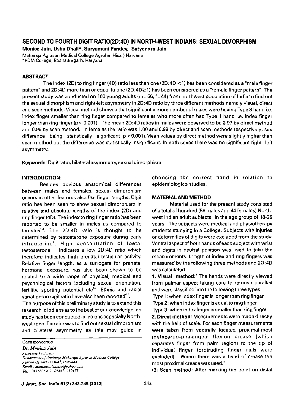 Second to Fourth Digit Ratio(2D:4D) in North-West Indians: Sexual Dimorphism