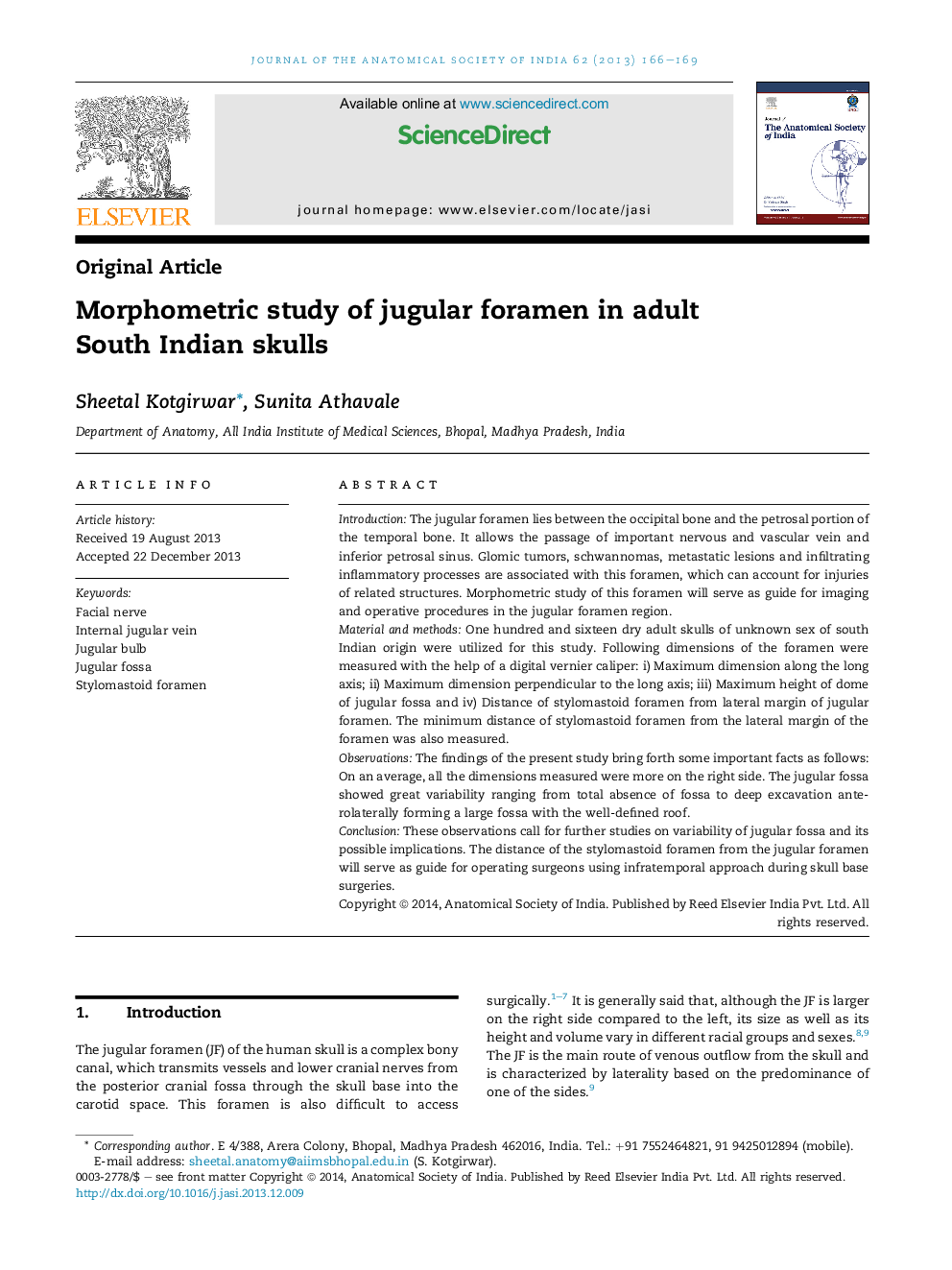 Morphometric study of jugular foramen in adult South Indian skulls