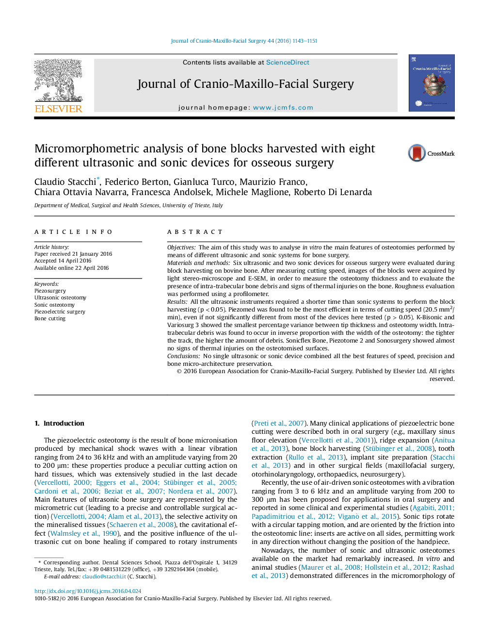 Micromorphometric analysis of bone blocks harvested with eight different ultrasonic and sonic devices for osseous surgery