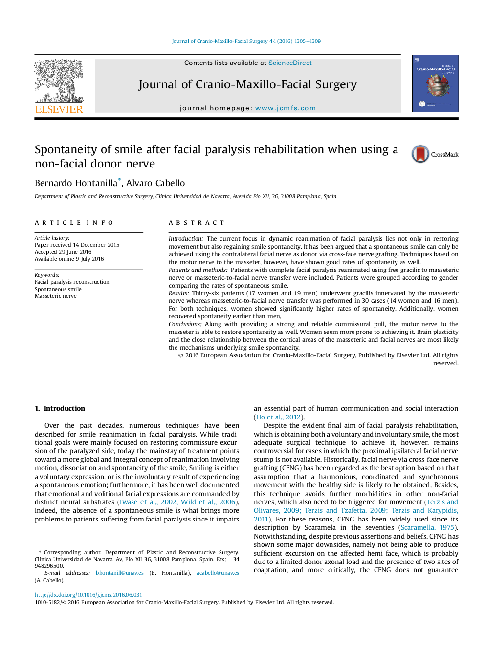 Spontaneity of smile after facial paralysis rehabilitation when using a non-facial donor nerve