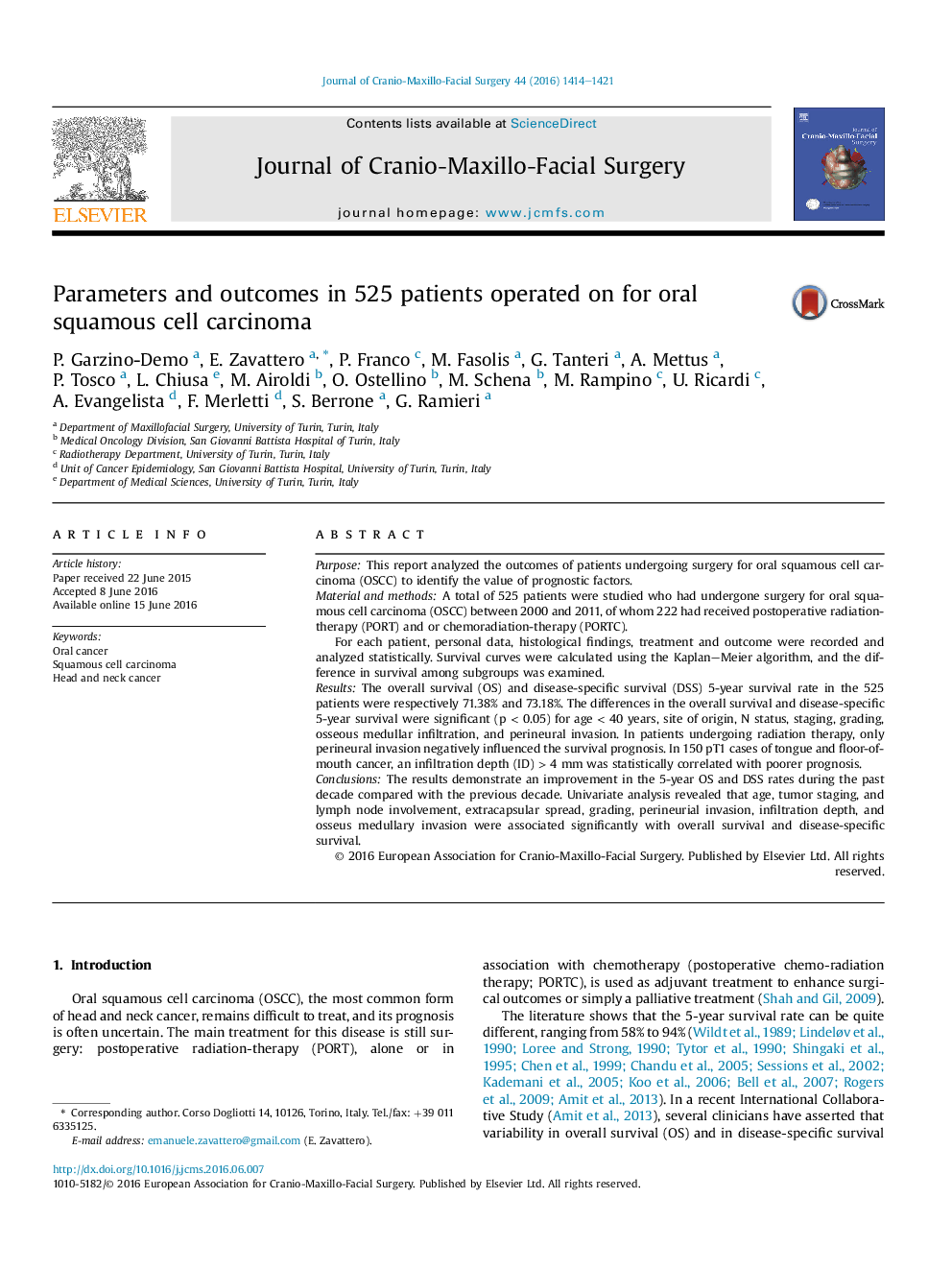 Parameters and outcomes in 525 patients operated on for oral squamous cell carcinoma