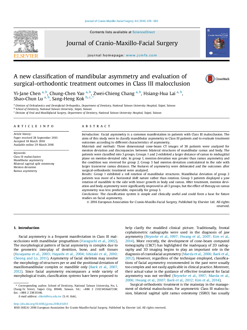 A new classification of mandibular asymmetry and evaluation of surgical-orthodontic treatment outcomes in Class III malocclusion