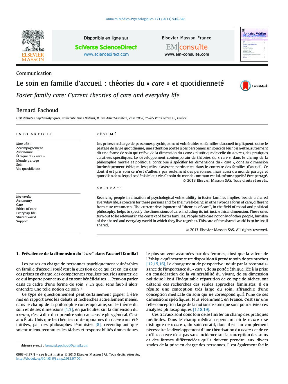 Le soin en famille d’accueil : théories du « care » et quotidienneté