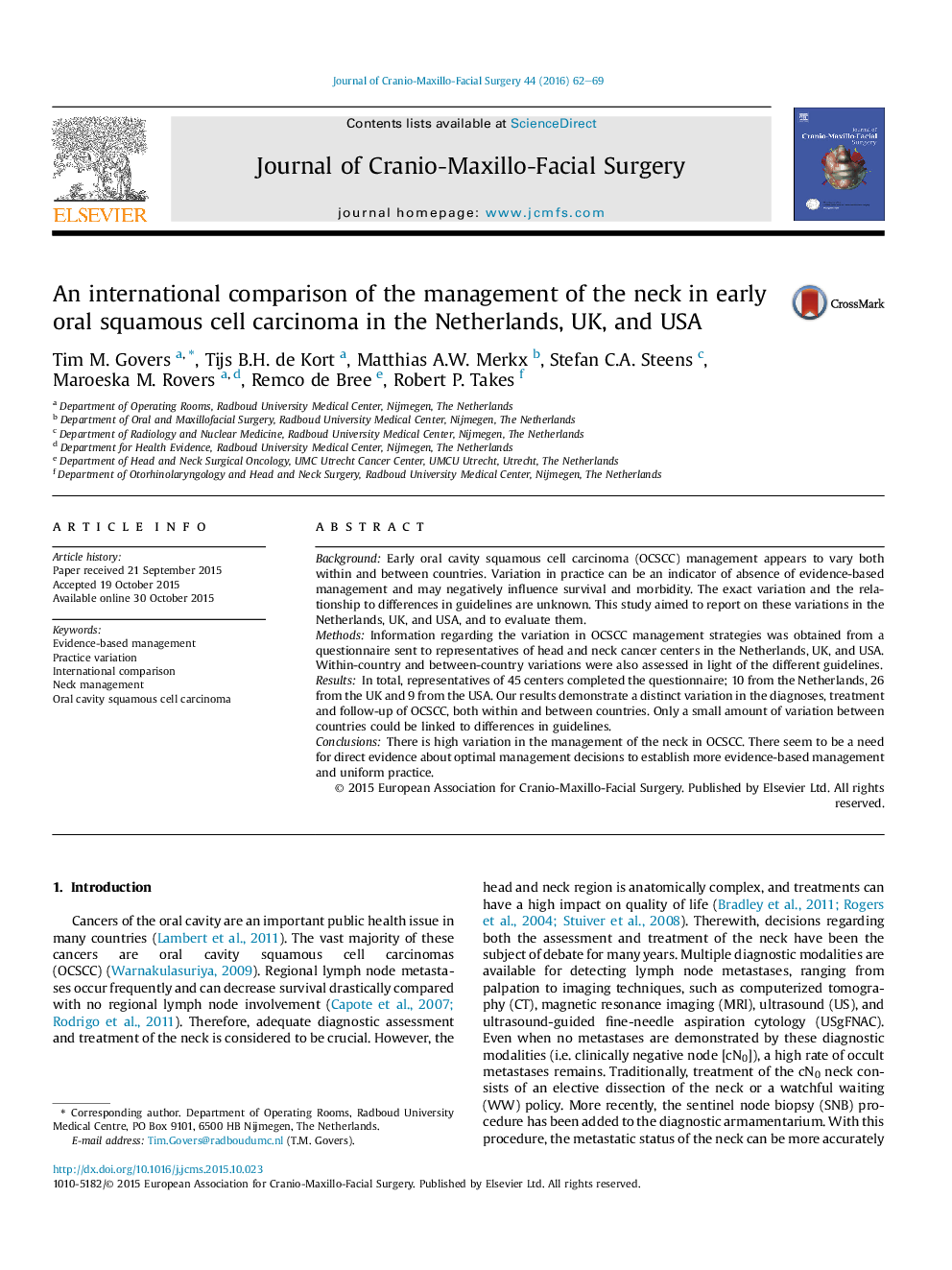 An international comparison of the management of the neck in early oral squamous cell carcinoma in the Netherlands, UK, and USA