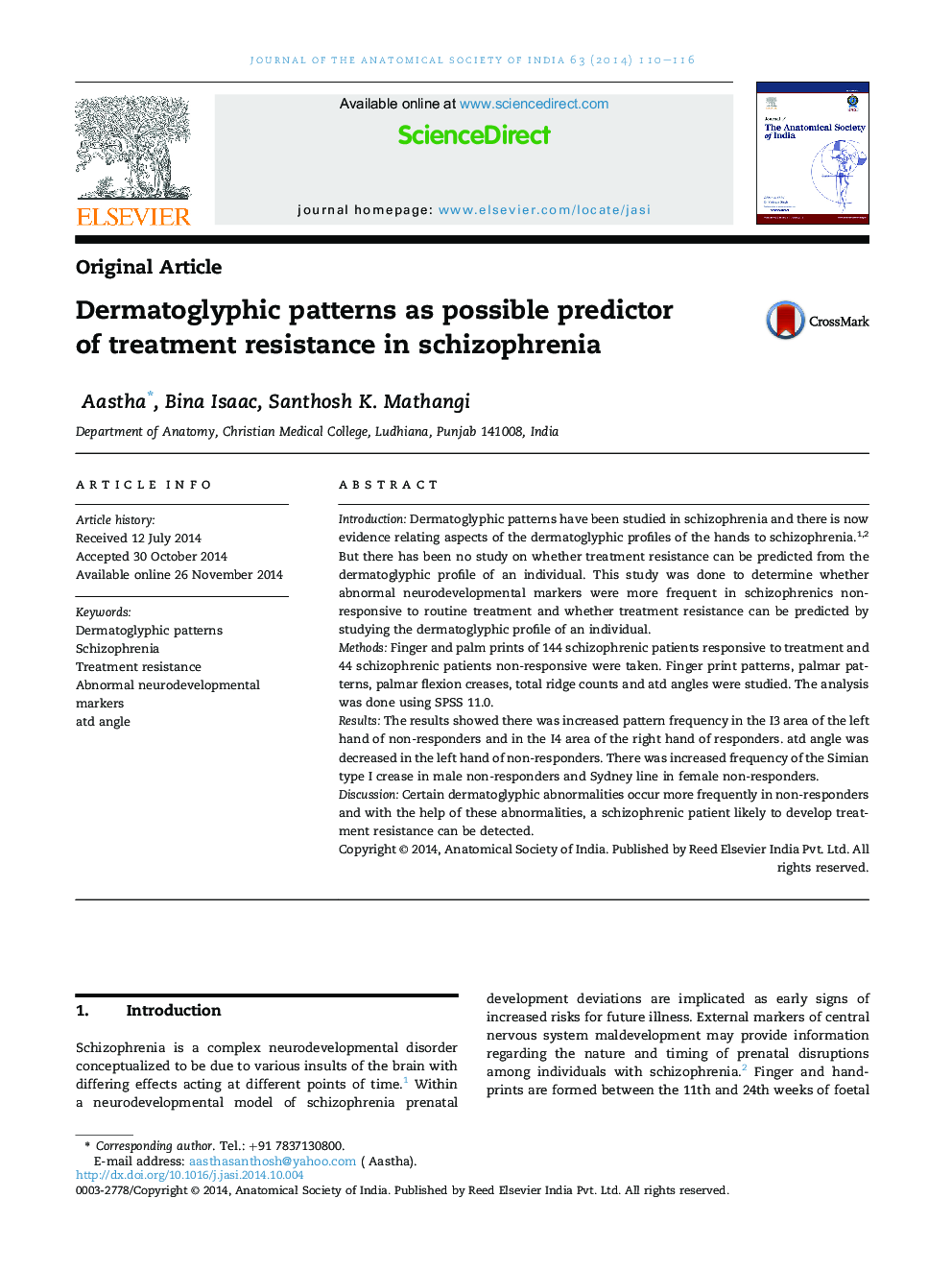 Dermatoglyphic patterns as possible predictor ofÂ treatment resistance in schizophrenia