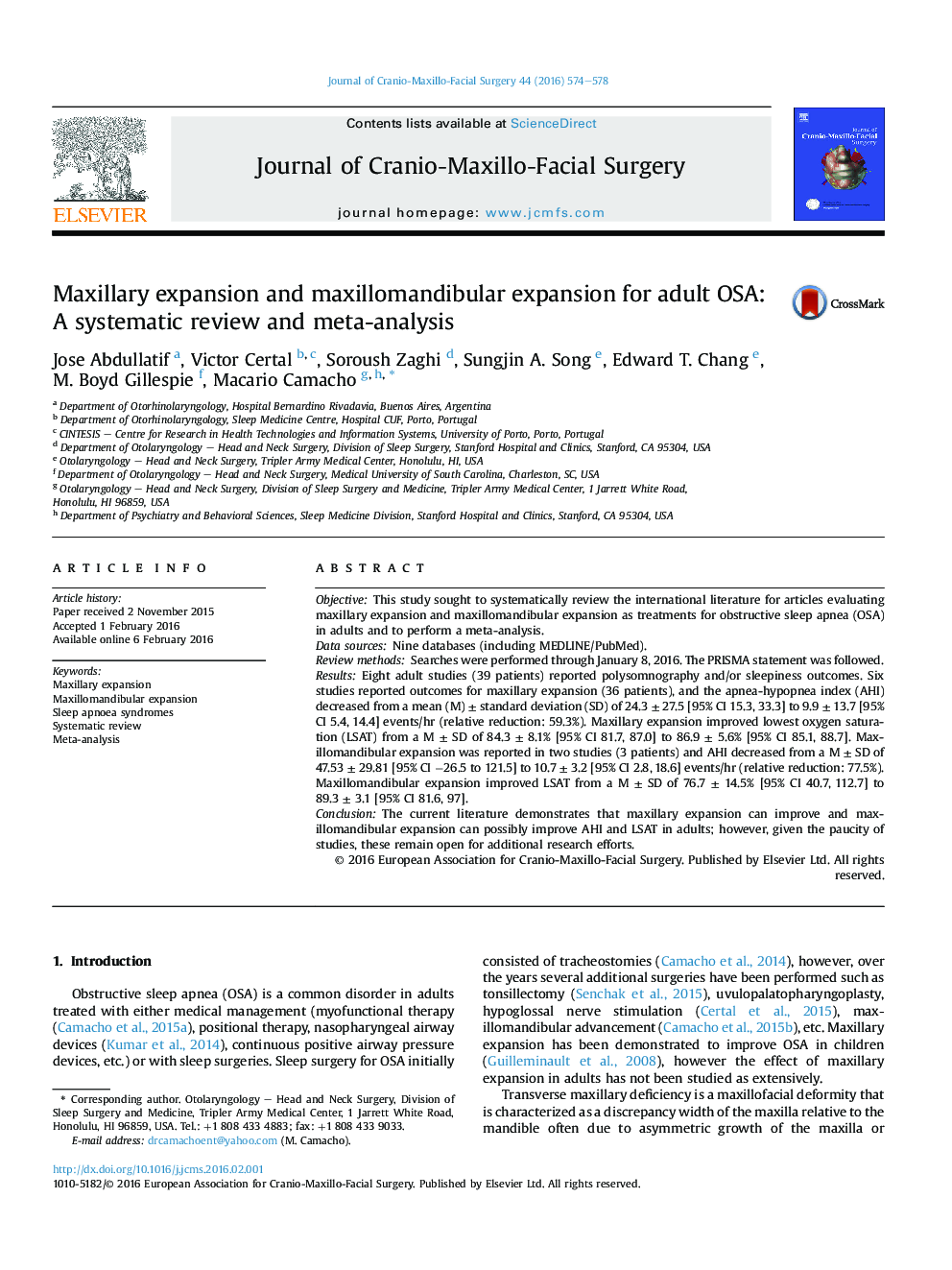 Maxillary expansion and maxillomandibular expansion for adult OSA: A systematic review and meta-analysis