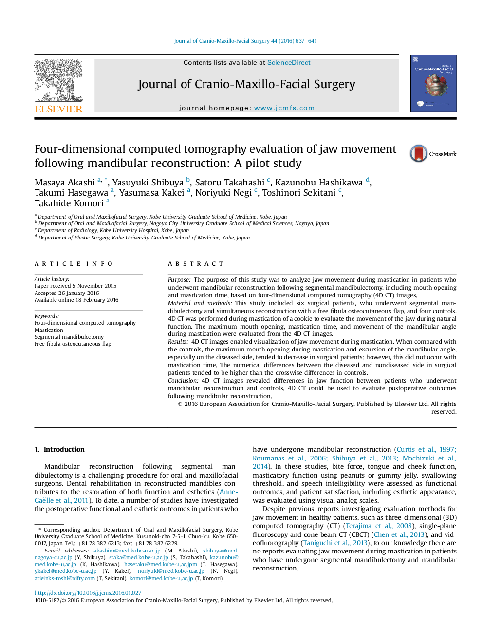 Four-dimensional computed tomography evaluation of jaw movement following mandibular reconstruction: A pilot study