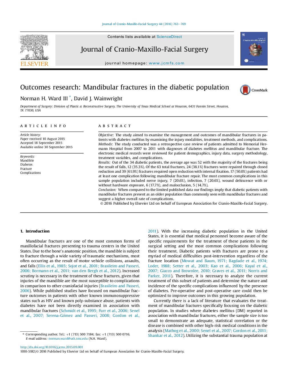 Outcomes research: Mandibular fractures in the diabetic population