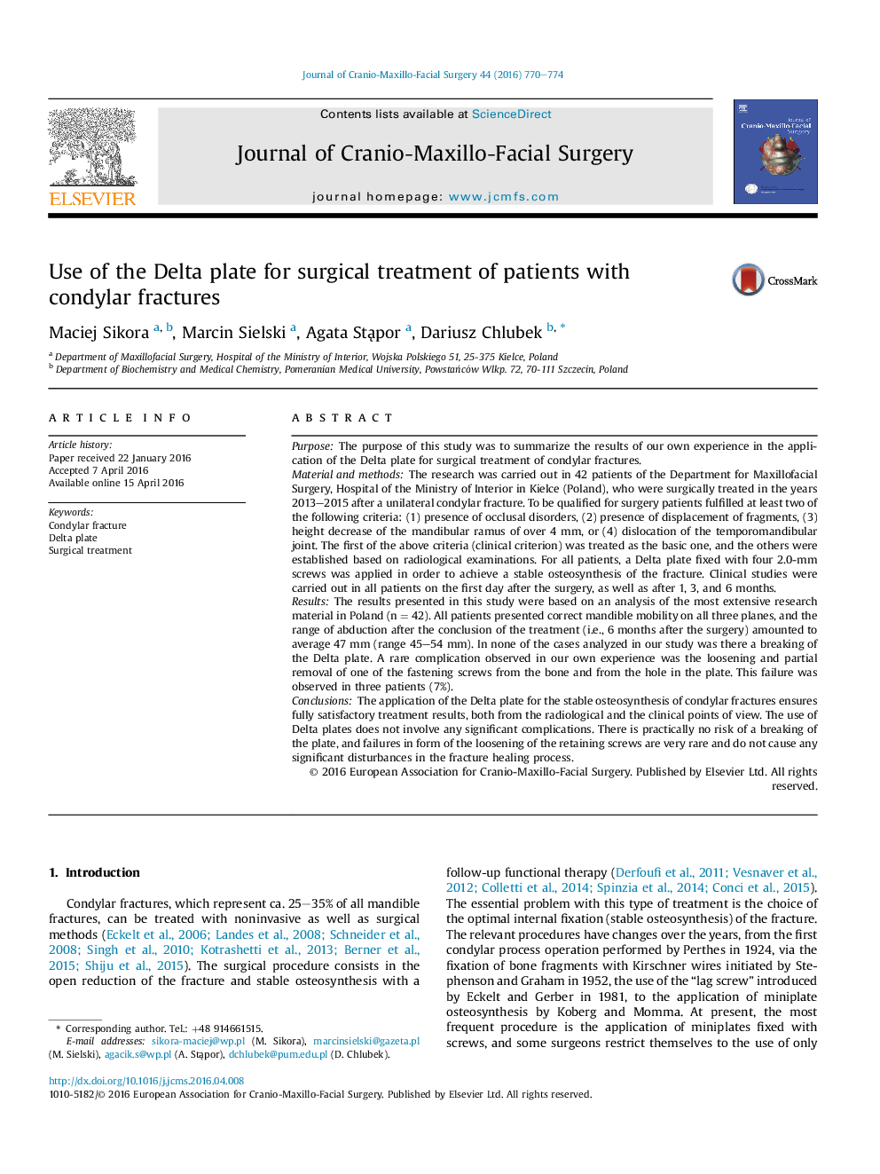 Use of the Delta plate for surgical treatment of patients with condylar fractures