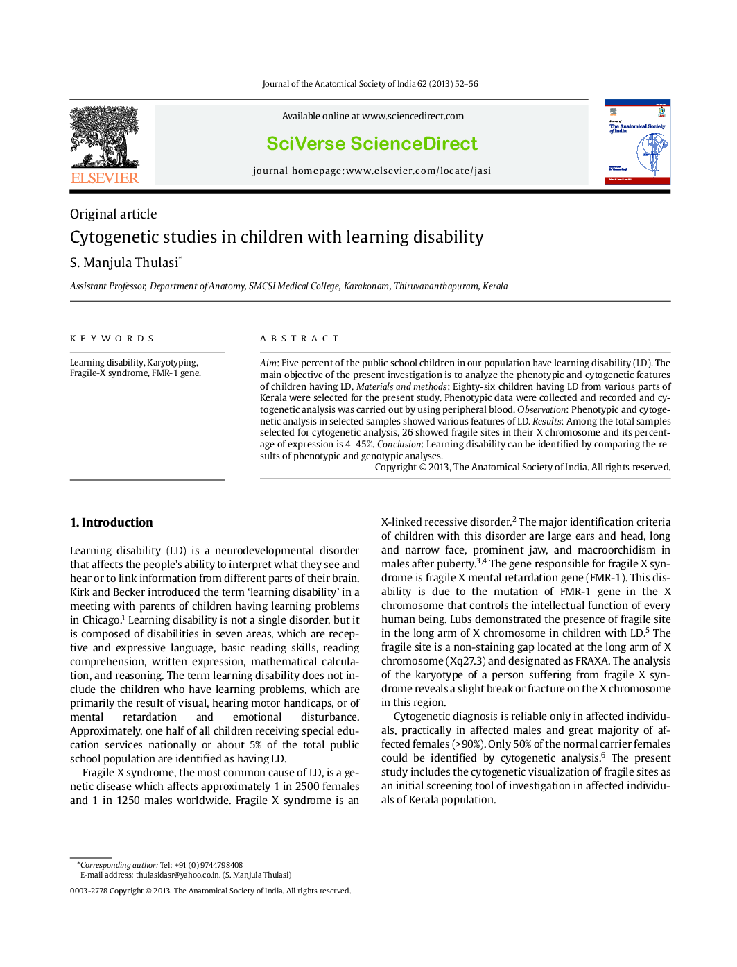 Cytogenetic studies in children with learning disability