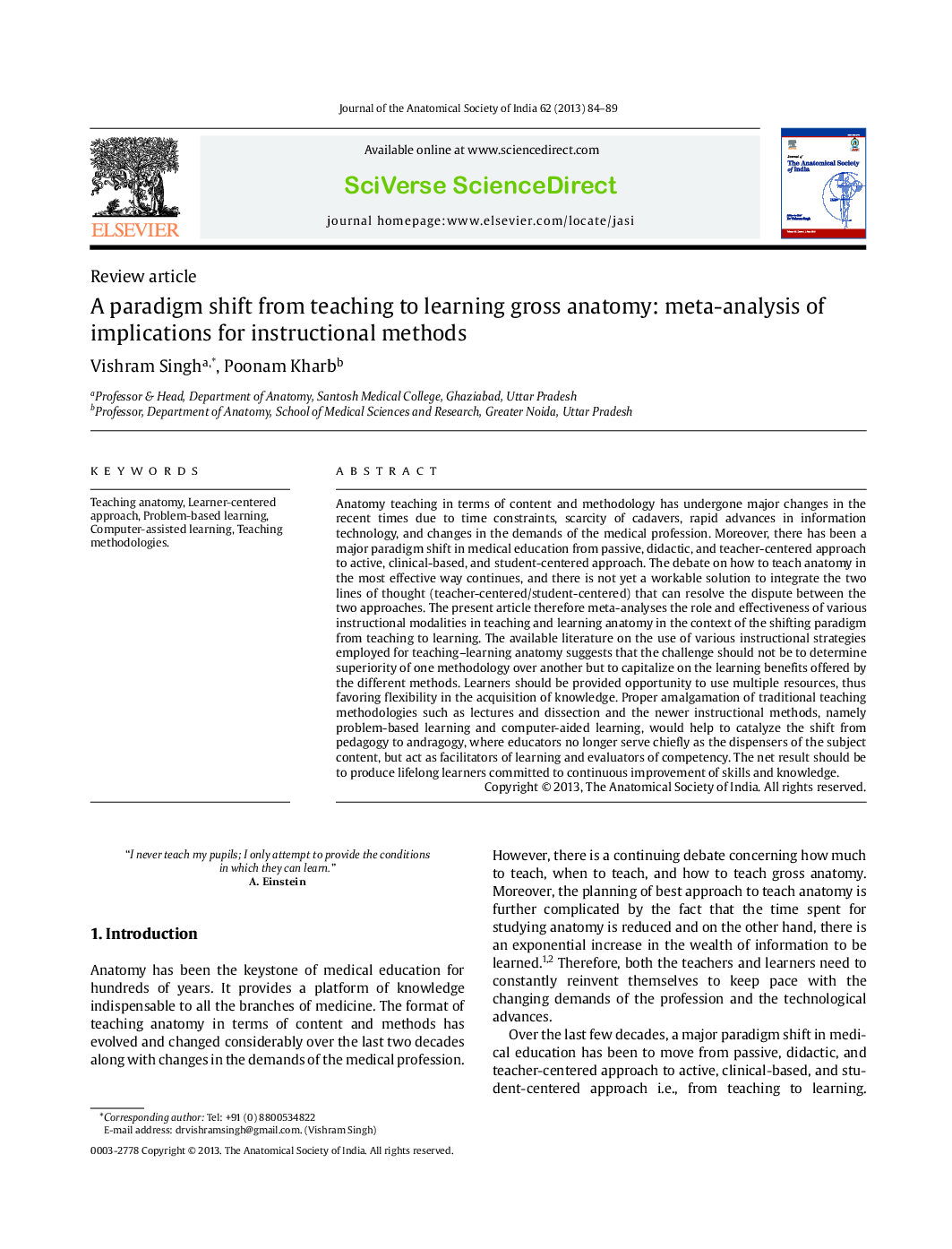 A paradigm shift from teaching to learning gross anatomy: meta-analysis of implications for instructional methods