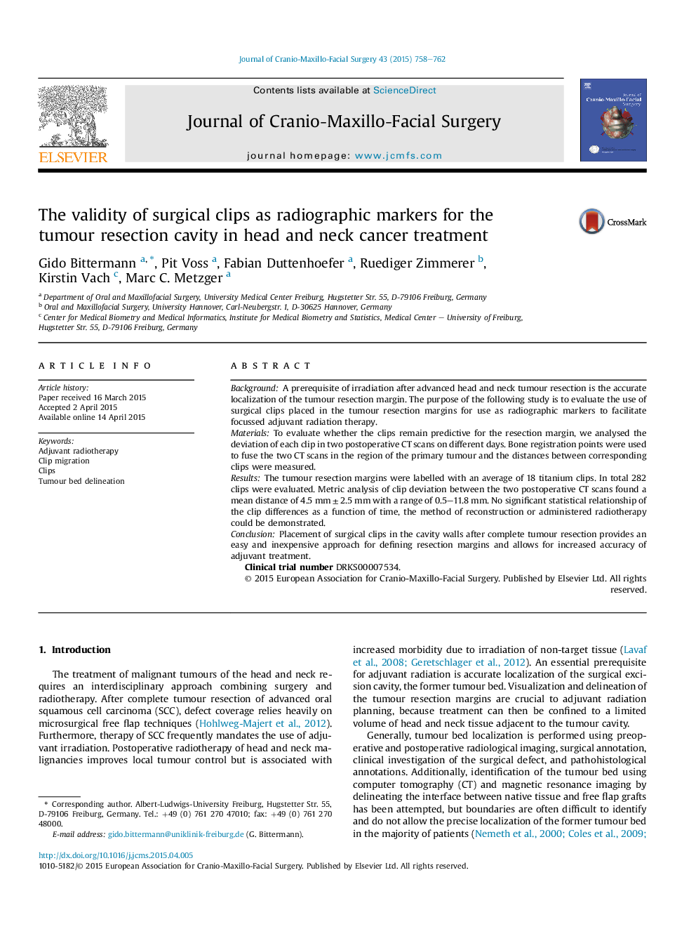 The validity of surgical clips as radiographic markers for the tumour resection cavity in head and neck cancer treatment