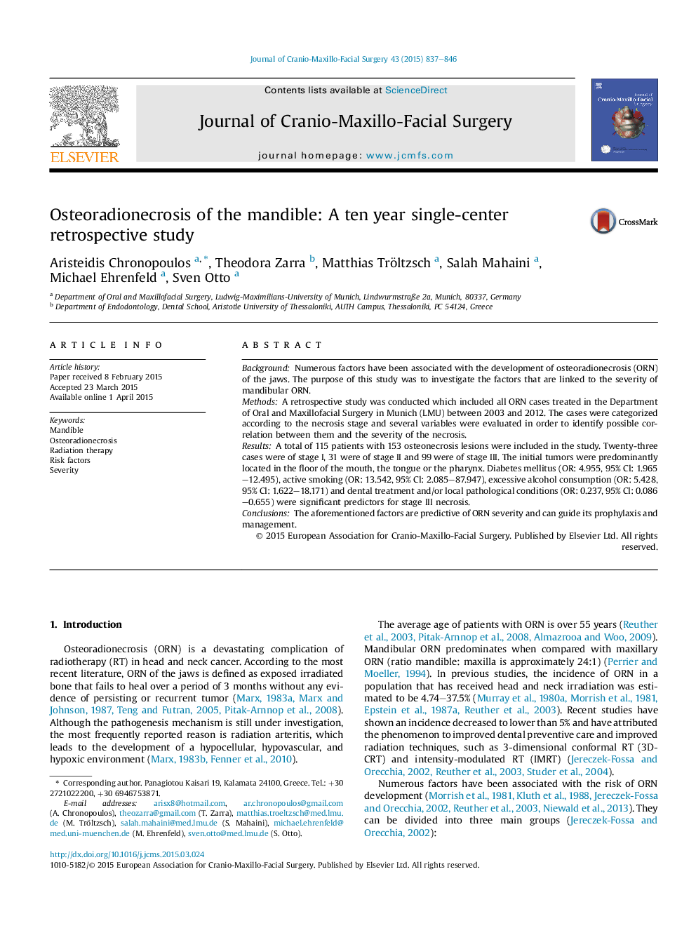 Osteoradionecrosis of the mandible: A ten year single-center retrospective study