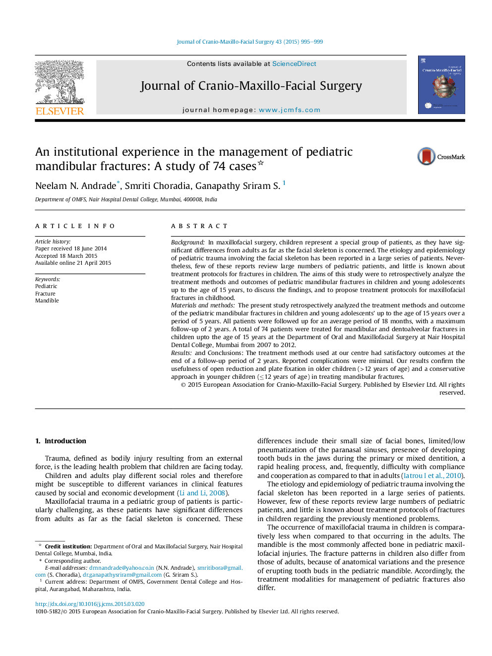 An institutional experience in the management of pediatric mandibular fractures: A study of 74 cases 