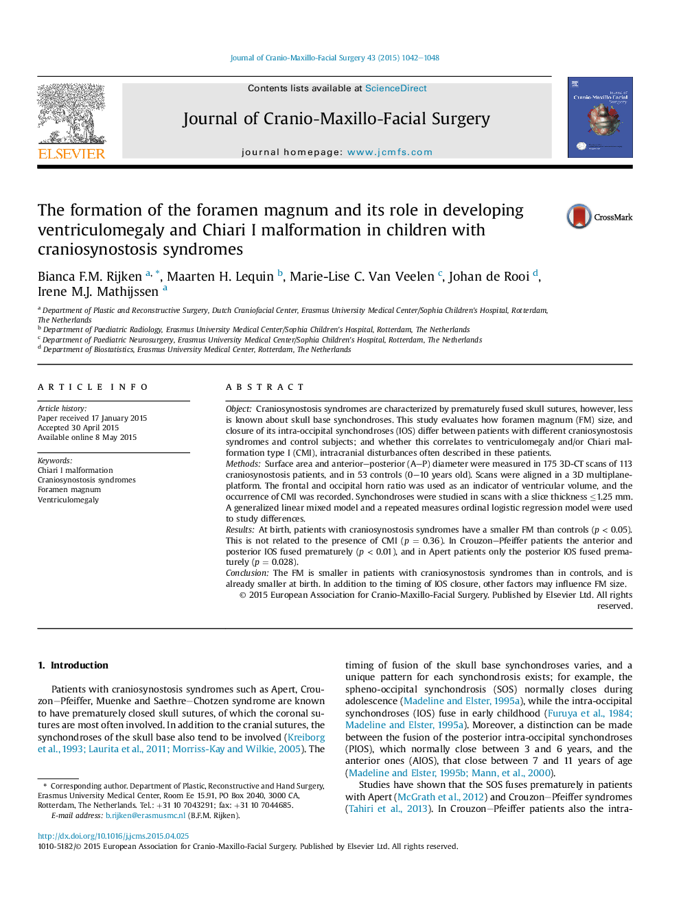 The formation of the foramen magnum and its role in developing ventriculomegaly and Chiari I malformation in children with craniosynostosis syndromes