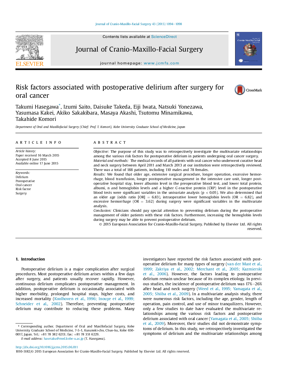 Risk factors associated with postoperative delirium after surgery for oral cancer