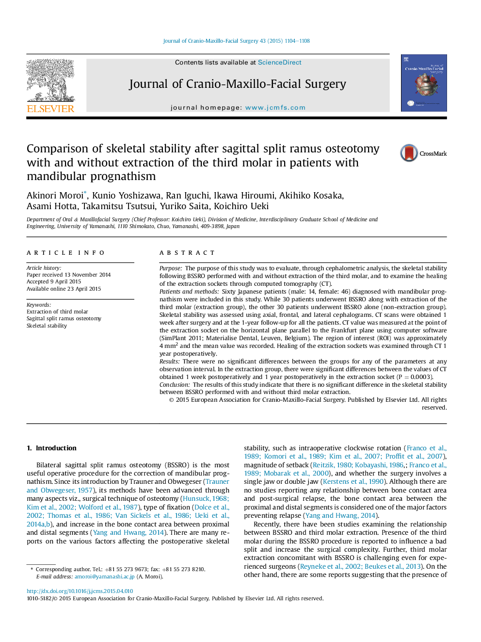 Comparison of skeletal stability after sagittal split ramus osteotomy with and without extraction of the third molar in patients with mandibular prognathism