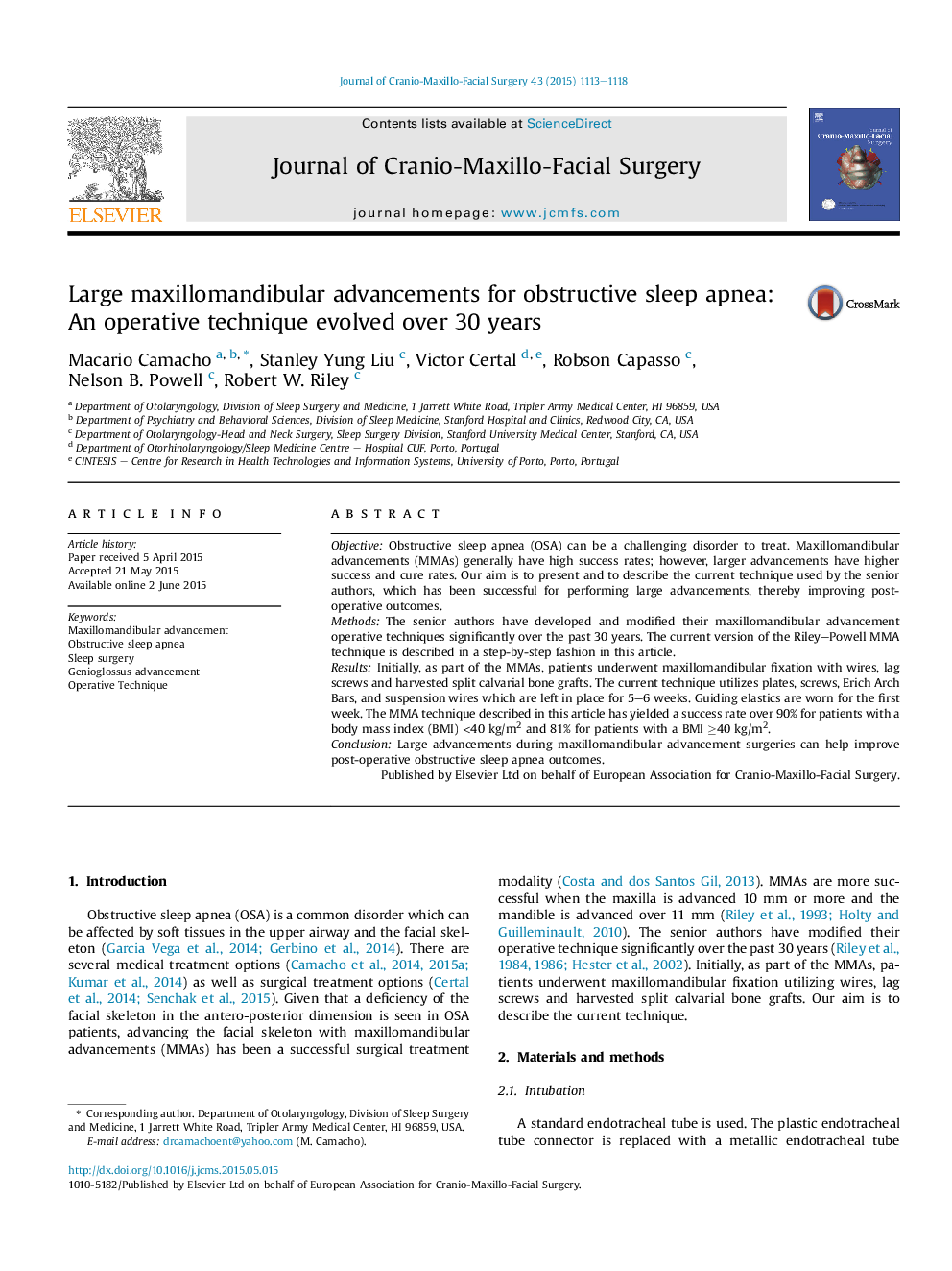 Large maxillomandibular advancements for obstructive sleep apnea: An operative technique evolved over 30Â years