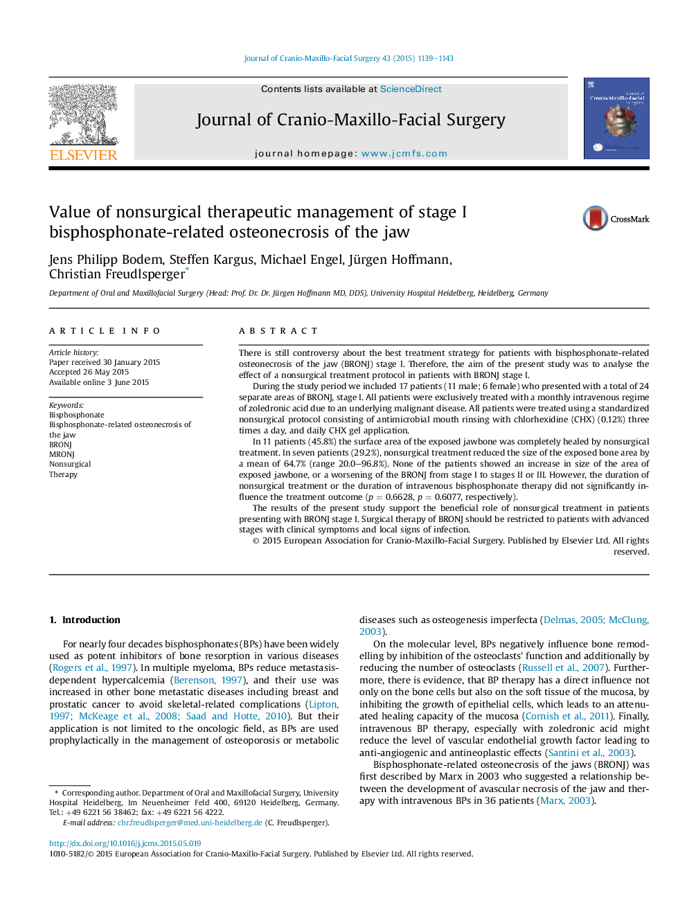 Value of nonsurgical therapeutic management of stage I bisphosphonate-related osteonecrosis of the jaw