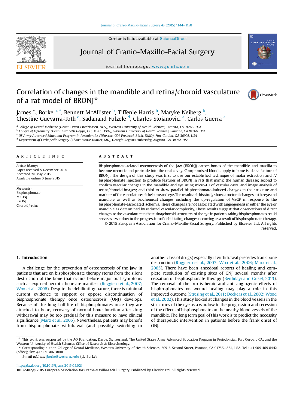 Correlation of changes in the mandible and retina/choroid vasculature of a rat model of BRONJ 