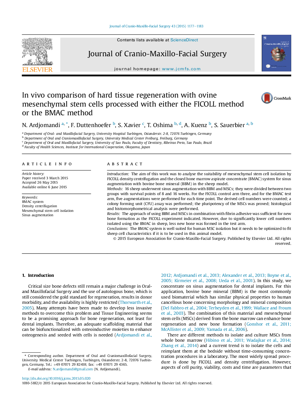 In vivo comparison of hard tissue regeneration with ovine mesenchymal stem cells processed with either the FICOLL method or the BMAC method