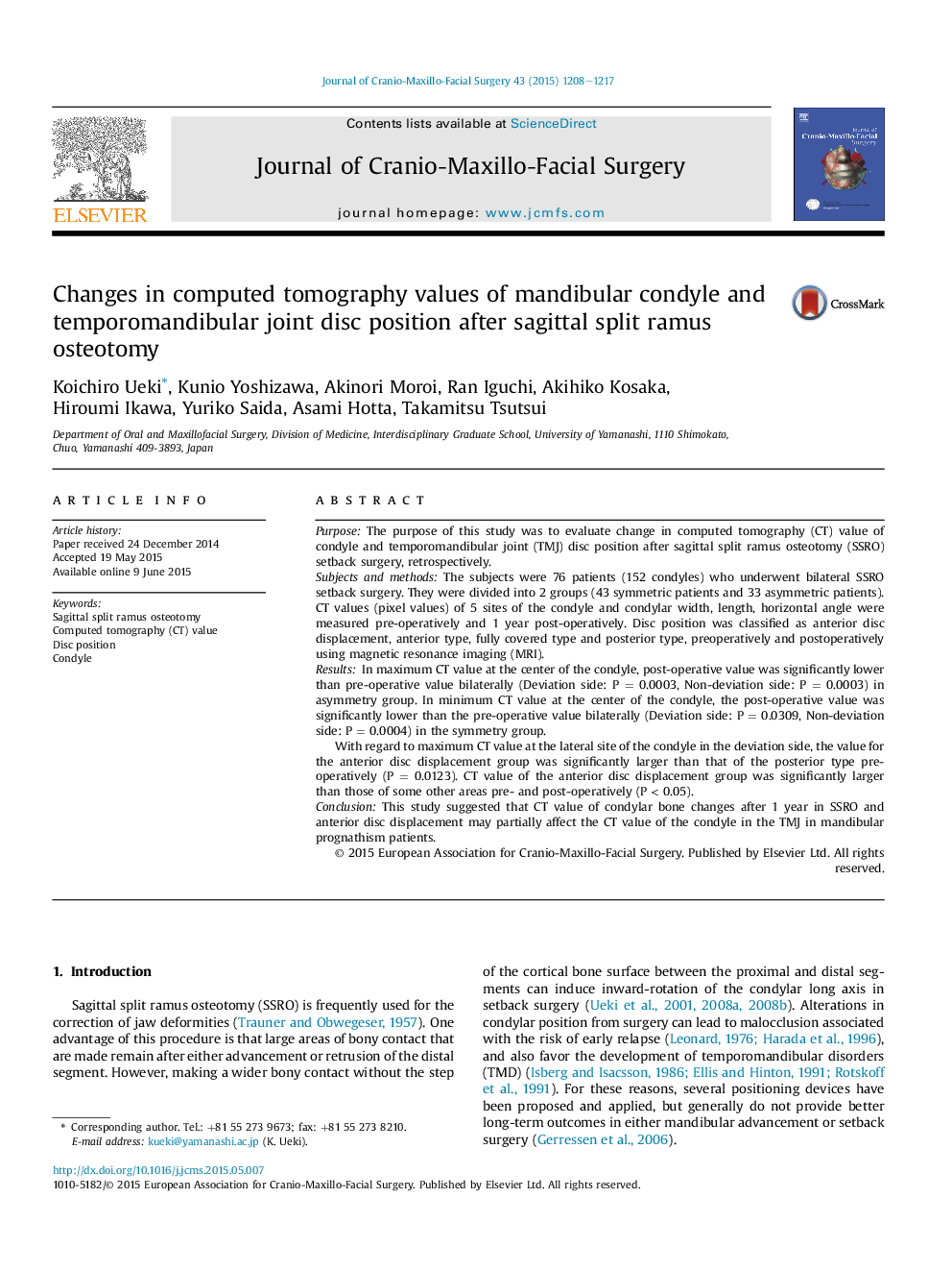 Changes in computed tomography values of mandibular condyle and temporomandibular joint disc position after sagittal split ramus osteotomy