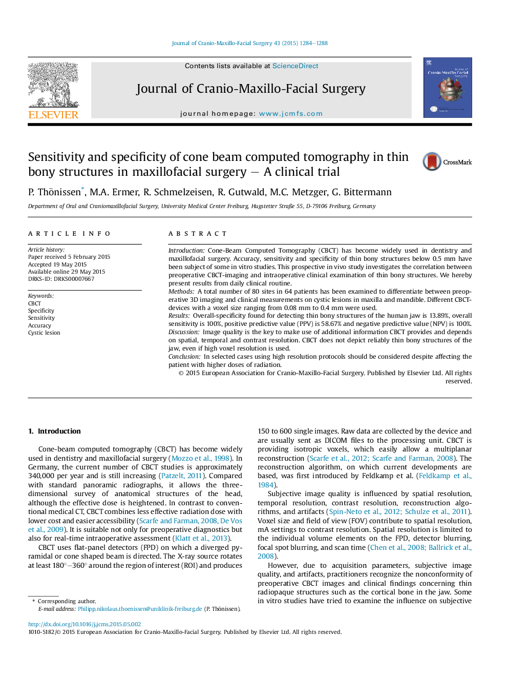 Sensitivity and specificity of cone beam computed tomography in thin bony structures in maxillofacial surgery – A clinical trial