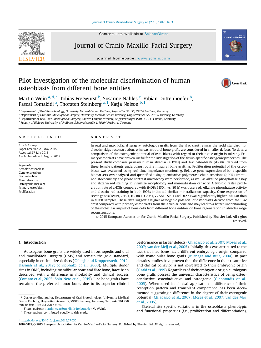 Pilot investigation of the molecular discrimination of human osteoblasts from different bone entities