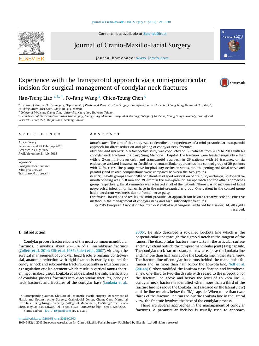 Experience with the transparotid approach via a mini-preauricular incision for surgical management of condylar neck fractures