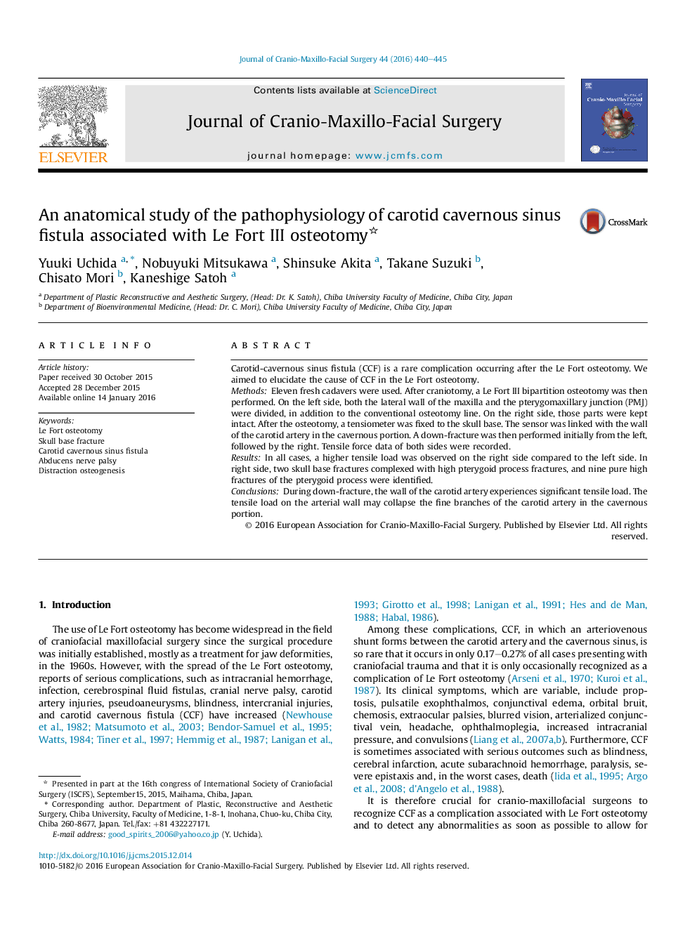 An anatomical study of the pathophysiology of carotid cavernous sinus fistula associated with Le Fort III osteotomy 