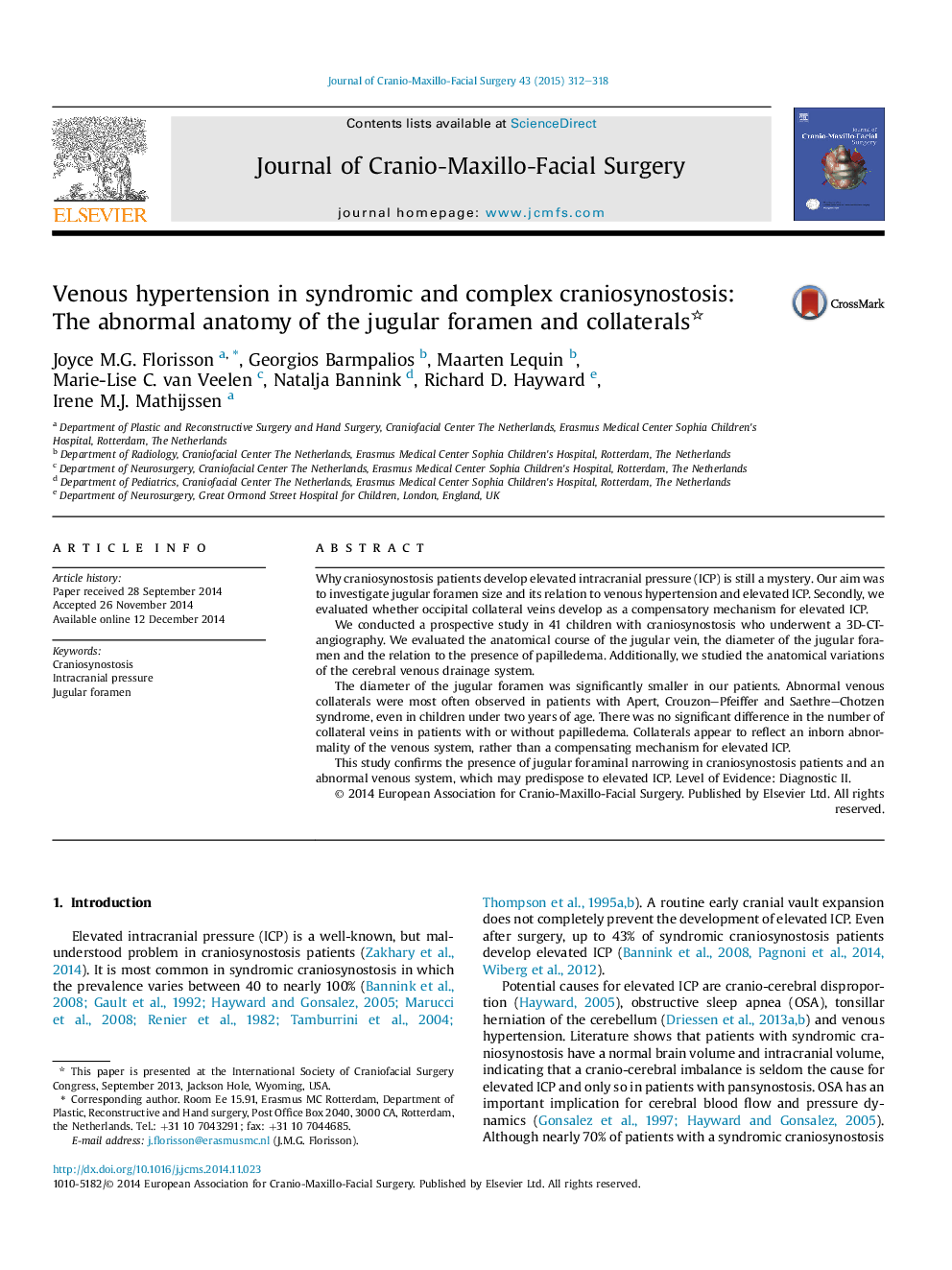 Venous hypertension in syndromic and complex craniosynostosis: The abnormal anatomy of the jugular foramen and collaterals 