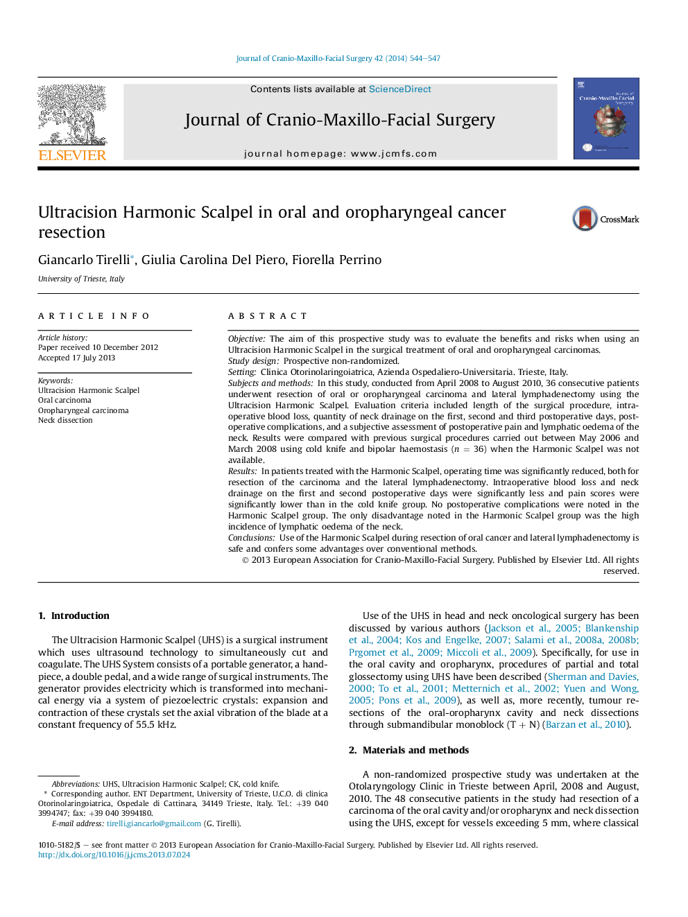 Ultracision Harmonic Scalpel in oral and oropharyngeal cancer resection